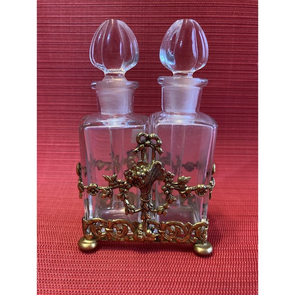 Brass Caddy & Perfume Bottles Style Of 19th Century French Baccarat Floral Motif - Picture 3 of 14